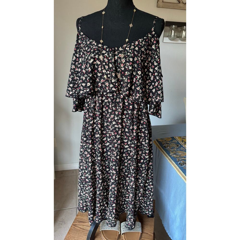 Black and Pink Off-Shoulder Flutter Sleeve Midi Sundress